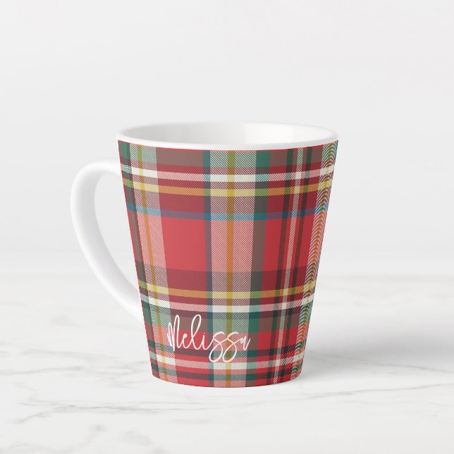 Rustikale Karo Personalized Script Weihnachten Milchtasse (Linke Ecke)