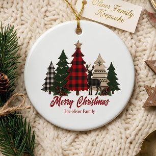 Rustikale Karo-Weihnachtsbäume Rentier Keramik Ornament