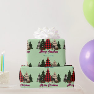 Rustikale Karo-Weihnachtsbäume-Rentiere Geschenkpapier