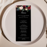 Rustikale Karte mit schwarzem Botanischem Abendess<br><div class="desc">Diese rustikale schwarze botanische Karte für ein Hochzeitsessen ist perfekt für eine klassische Hochzeit. Das Design besteht aus bordeauxroten,  marinierten,  blauen und rot strahlenden Blume mit anmutigen,  handbemalten,  schwarzen Hintergrund,  die die natürliche Schönheit inspiriere. Dieses Menü kann für Hochzeitsempfang,  Probe Dinner,  Brautparty oder jede Veranstaltung verwendet werden.</div>
