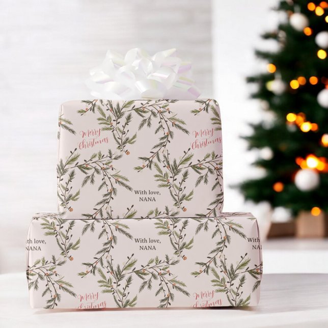 Rustikale Kiefernzweige Holiday Rosa Frohe Weihnac Geschenkpapier (Rustic Pine Branches Holiday pink Merry Christmas Wrapping Paper)