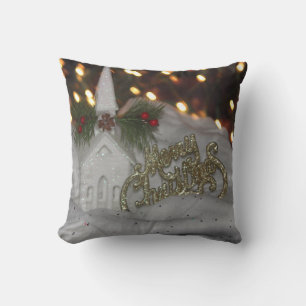 Rustikale Kirche frohe Weihnachten White Gold Gree Kissen
