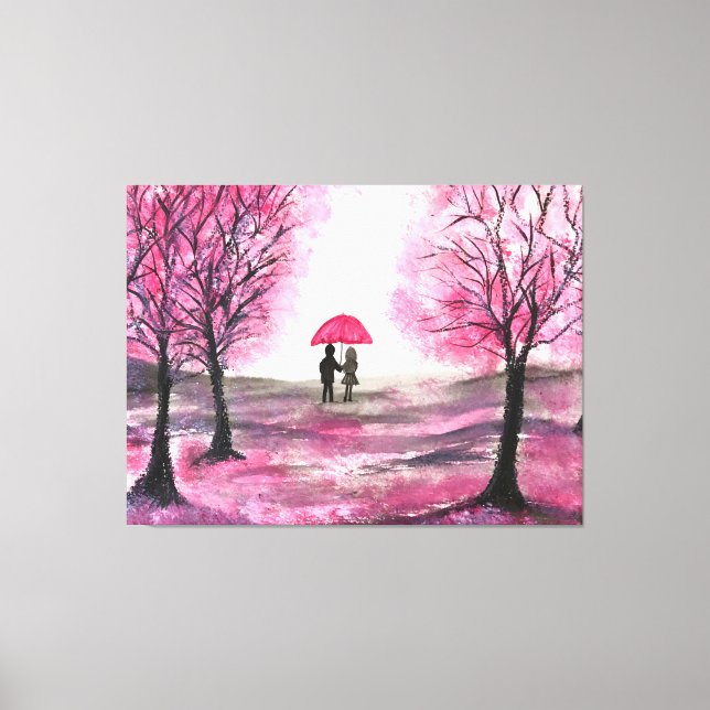 Rustikale Kirschblüten Liebe Roter Schirm Leinwanddruck (Vorderseite)