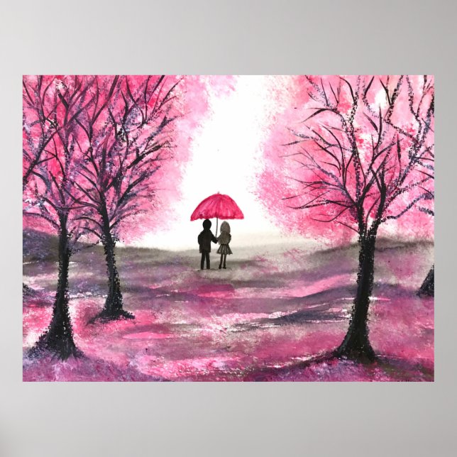 Rustikale Kirschblüten Liebe Roter Schirm Poster (Vorne)