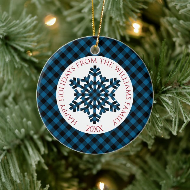 Rustikale Klassik Blauer Tartan Karo Schneeflocken Keramik Ornament (Baum)