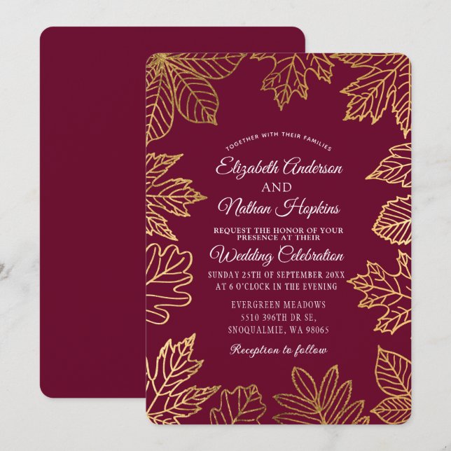 Rustikale Klassik Gold Cranberry Herbst Blätter Ho Einladung (Vorne/Hinten)