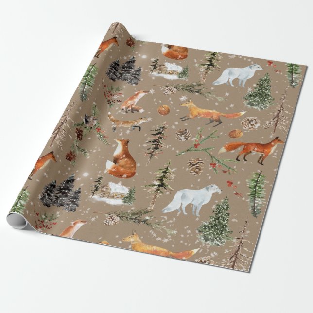 Rustikale Kraft Alles Woodland & Arctic Fox Geschenkpapier (Ungerollt)