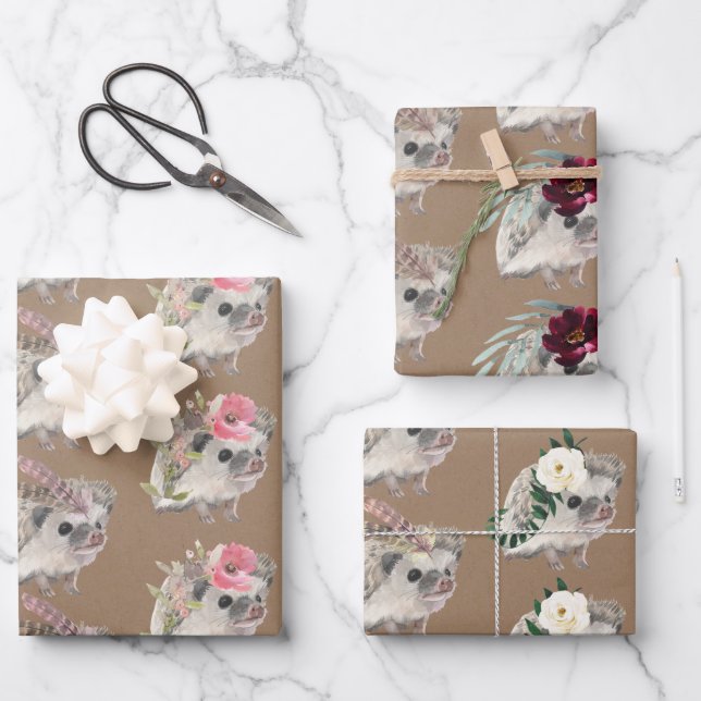 Rustikale Kraft-Baby-Igel, für ein Party verkleide Geschenkpapier Set (Vorderseite)
