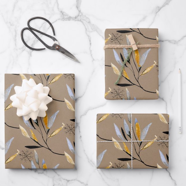 Rustikale Kraft Black Gold Floral Winter Greenerie Geschenkpapier Set (Vorderseite)