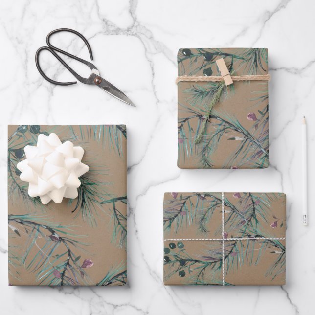 Rustikale Kraft Blue Spruce Needles & Berries Geschenkpapier Set (Vorderseite)
