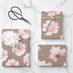 Rustikale Kraft Blush Peach Peony Blume Bläschen Geschenkpapier Set