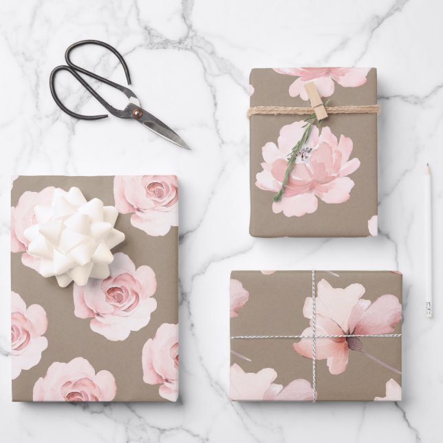 Rustikale Kraft Blush Peach Peony Blume Bläschen Geschenkpapier Set (Vorderseite)