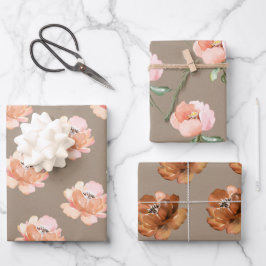 Rustikale Kraft-Blush-Peach- und Cognac-Blume Geschenkpapier Set