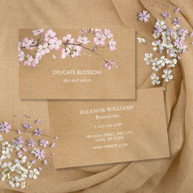 Rustikale Kraft Delicate Pink Blossom Bläschen Visitenkarte (Rustic Kraft Delicate Pink Blossom Floral Business Card)