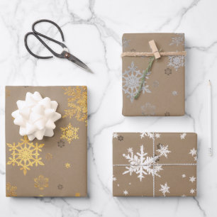 Rustikale Kraft Elegant Gold Silber Weiße Schneef Geschenkpapier Set