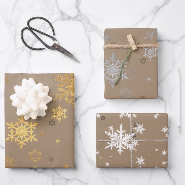 Rustikale Kraft Elegant Gold Silber Weiße Schneefl Geschenkpapier Set (Vorderseite)