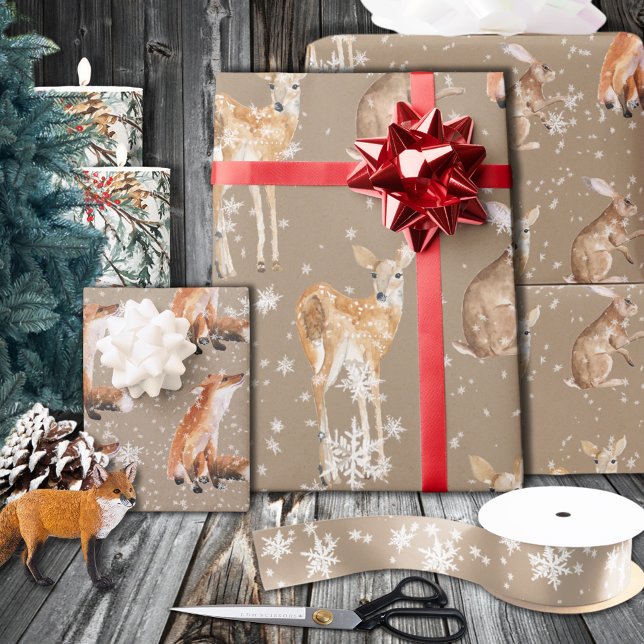 Rustikale Kraft Elegant Winter Animals Große Größe Geschenkpapier (Rustic Kraft Elegant Snowy Winter Animals Wrapping Paper Rolls)