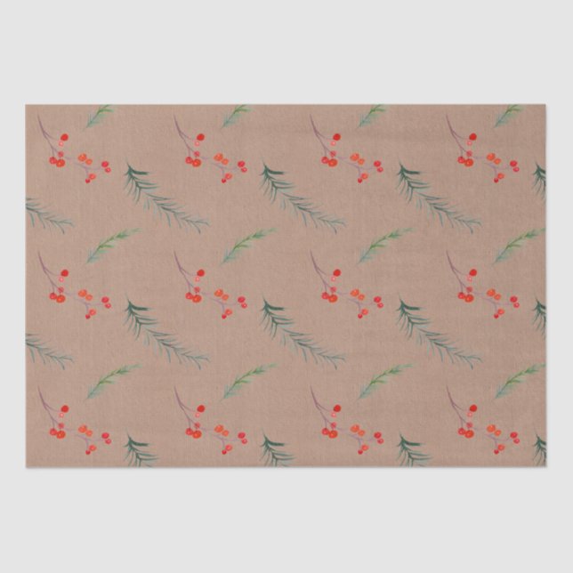 Rustikale Kraft-Farbe Winter Spruce & Berries Seidenpapier (Vorderseite)