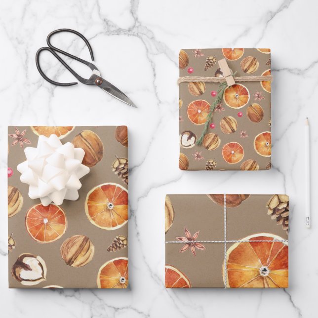 Rustikale Kraft getrocknete Orangenscheiben Gewürz Geschenkpapier Set (Vorderseite)