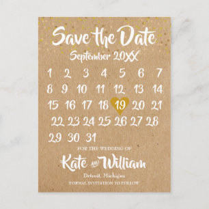 Rustikale Kraft Gold Herz Kalender Save-the-Date Ankündigungspostkarte