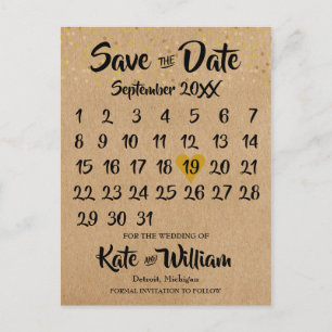 Rustikale Kraft Gold Herz Kalender Save-the-Date-K Postkarte