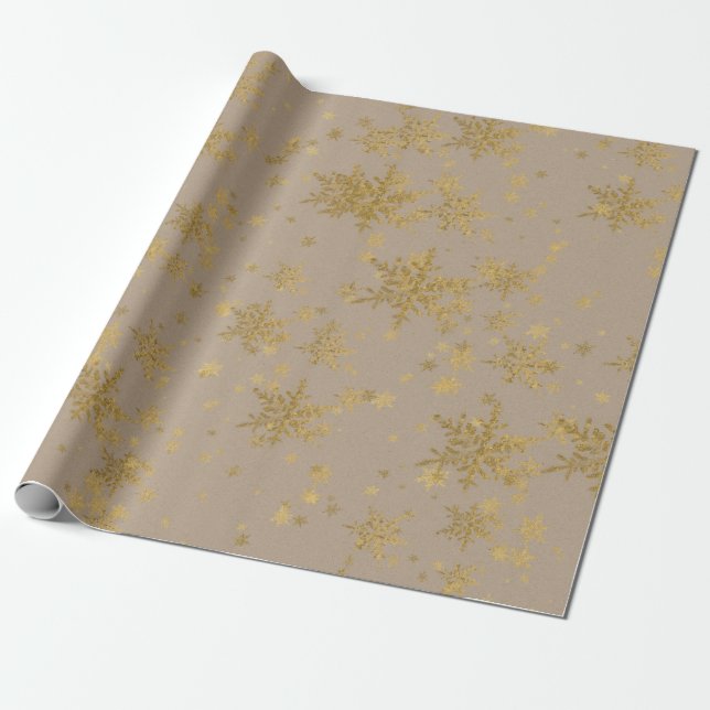 Rustikale Kraft-Gold-Schneeflocken Geschenkpapier (Ungerollt)