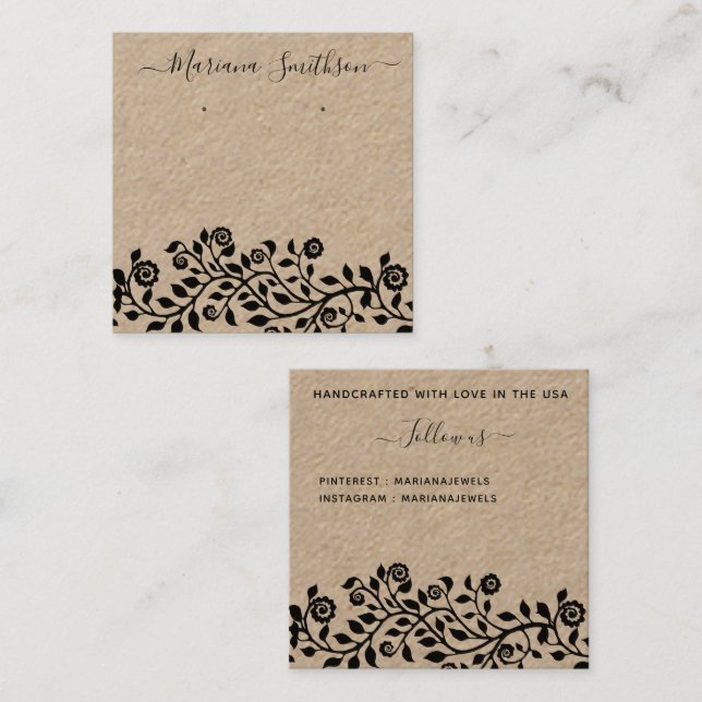 Rustikale Kraft Große Bridal Ohrringe Display Card Quadratische Visitenkarte (Vorne/Hinten)