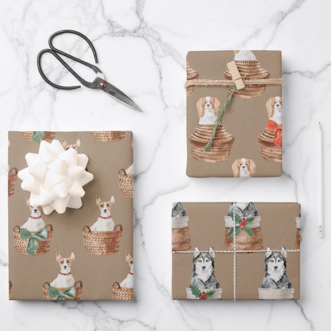 Rustikale Kraft Hunde in einem Korbgeflecht Geschenkpapier Set (Vorderseite)