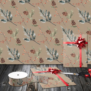 Rustikale Kraft Juniper Pine Cones Red Ilex Berrie Geschenkpapier