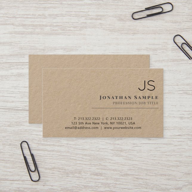 Rustikale Kraft Minimalistisch Beige Mit Monogramm Visitenkarte (Vorderseite/Rückseite Beispiel)