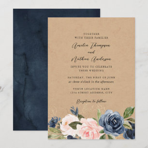 Rustikale Kraft Navy Blush Florale Hochzeit Einladung