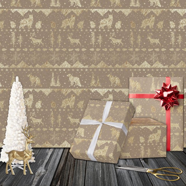 Rustikale Kraft Nordic Sweater Gold Winter Animals Geschenkpapier (Rustic Kraft Nordic Sweater Gold Winter Animals Christmas Holiday Gift Wrapping Paper Sheets Trio)