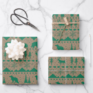 Rustikale Kraft Nordic Sweater Green Winter Animal Geschenkpapier Set