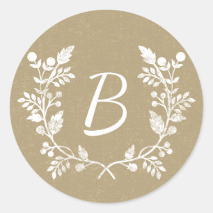 Rustikale Kraft Papier Blumenkraut Custom Monogram Runder Aufkleber