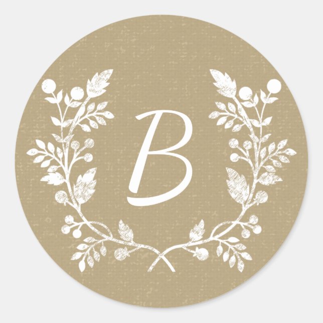 Rustikale Kraft Papier Blumenkraut Custom Monogram Runder Aufkleber (Vorderseite)
