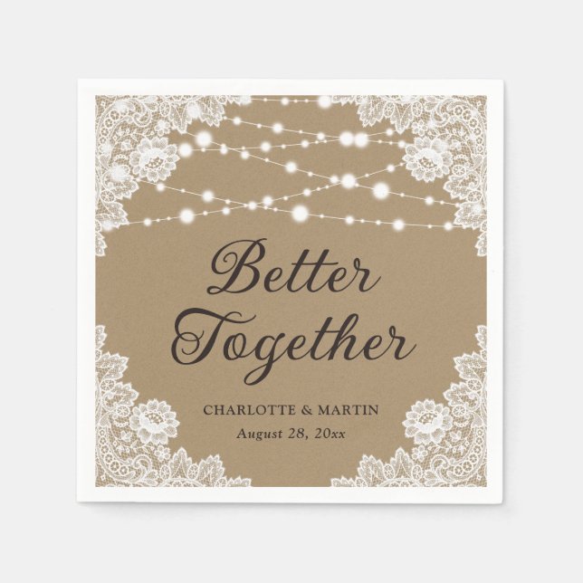 Rustikale Kraft Papier-Spitzen-Lichter Hochzeit Serviette (Vorderseite)