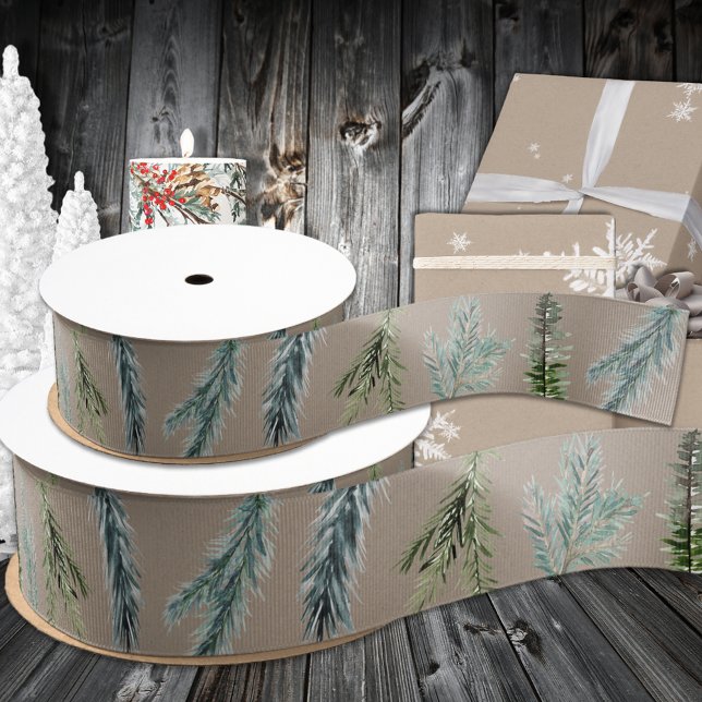 Rustikale Kraft Papier Winterwaldraupenzweige Ripsband (Rustic Kraft Paper Winter Woodland Spruce Branches Grosgrain Ribbon In 1.5 and 3 Inch Widths)