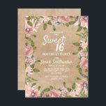 Rustikale Kraft Pink Aquarell Blumensüß 16 Einladung<br><div class="desc">Schöne rosa botanische boho-Stil Aquarellblume Sweet 16 Geburtstagsfeier Einladung auf rustikal braunes Kraftpapier Hintergrund.</div>