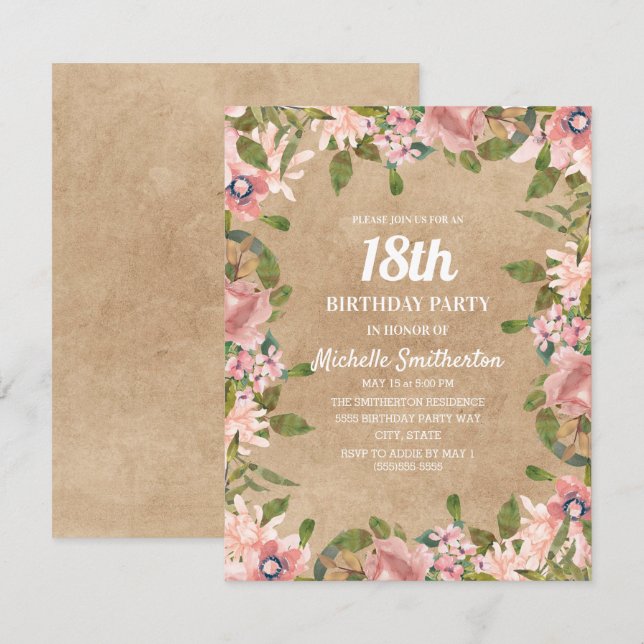 Rustikale Kraft Pink Aquarell Floral 18. Geburtsta Einladung (Vorne/Hinten)