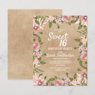 Rustikale Kraft Pink Wasserfarbe Florale Sweet 16 Einladung