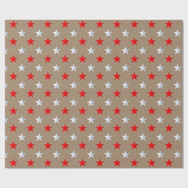 Rustikale Kraft Red Silver Stars Urlaub Geschenkpapier (Flach)
