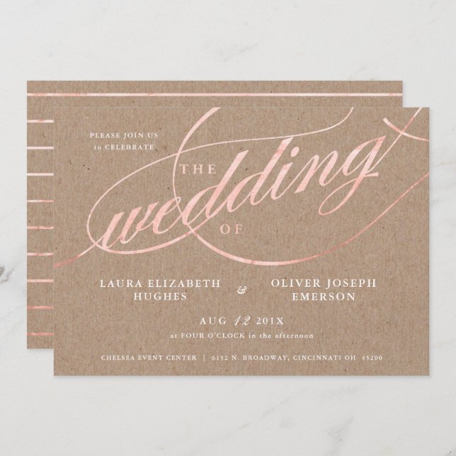 Rustikale Kraft & Rose Gold Script Hochzeit Einladung (Vorne/Hinten)