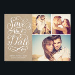 Rustikale Kraft Save the Date Kollage<br><div class="desc">Diese Save the Date Fotokarte bietet eine 3-Foto-Collage,  Wirble handgeschriebene Kalligraphie-Kunstwerke und eine Imitat-Kraftpapier-Textur. Besuchen Sie unseren Designer Shop um mehr zu sehen!</div>