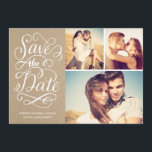 Rustikale Kraft Save the Date Kollage<br><div class="desc">Diese Save the Date Fotokarte bietet eine 3-Foto-Collage,  Wirble handgeschriebene Kalligraphie-Kunstwerke und eine Imitat-Kraftpapier-Textur. Besuchen Sie unseren Designer Shop um mehr zu sehen!</div>