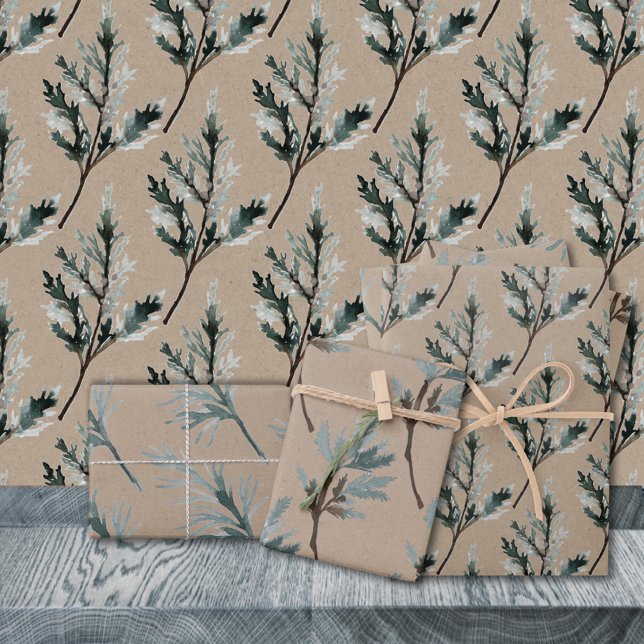 Rustikale Kraft Silver Blue Spruce Tree Branchen Geschenkpapier Set (Rustic Kraft Silver Blue Spruce Tree Branches Gift Wrapping Paper Sheets Trio)