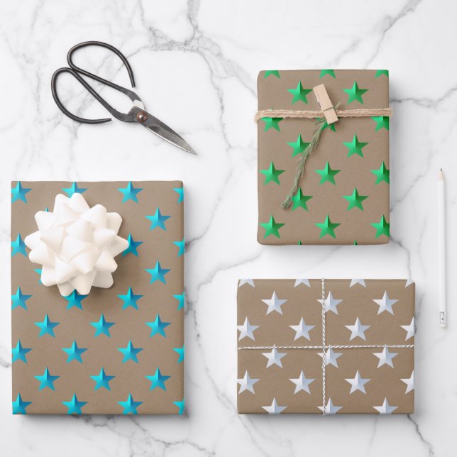 Rustikale Kraft Silver Green Turquoise Blue Stars Geschenkpapier Set (Vorderseite)