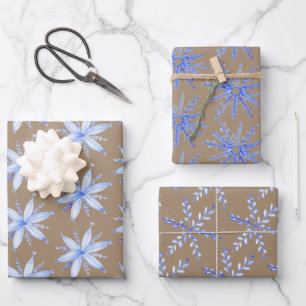 Rustikale Kraft Skandinavier Blaue Schneeflocken Geschenkpapier Set