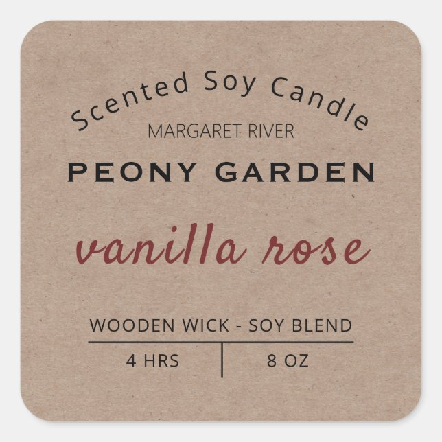 Rustikale Kraft Soy Candle Labels Quadratischer Aufkleber (Vorderseite)