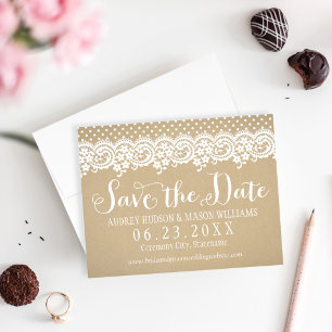 Rustikale Kraft-Spitze-Kalligrafie-Hochzeit Save The Date