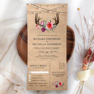 Rustikale Kraft String Lights Floral Antler Weddin Dreifach Gefaltete Einladung